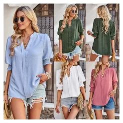 2023 Summer Custom Women's Casual Ruffle Casual Simple Short Sleeve Blouses V Neck Loose Shirts Tops Elegant Women's Crop Top