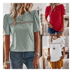 2023 Wholesale Fashion OEM Elegant Summer Custom Ladies Casual T-shirt Round Neck Green Hollow Solid Color Top women's blouses